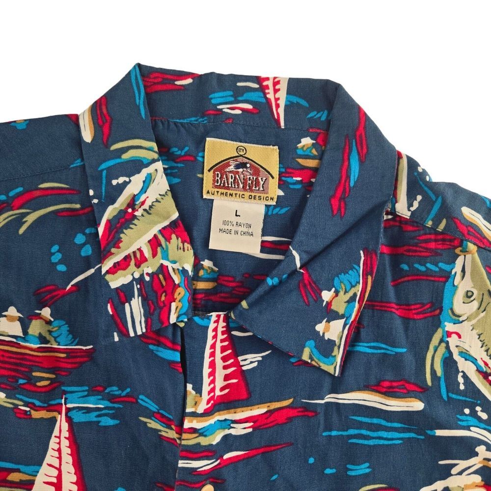 Barn Fly Mens Large Blue Nautical Fishing Marlin Rayon Short Sleeve Button Shirt